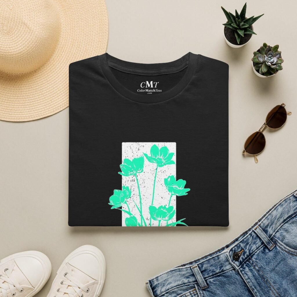 Distressed Flower Stripe T-Shirt (Teal) (folded-2)
