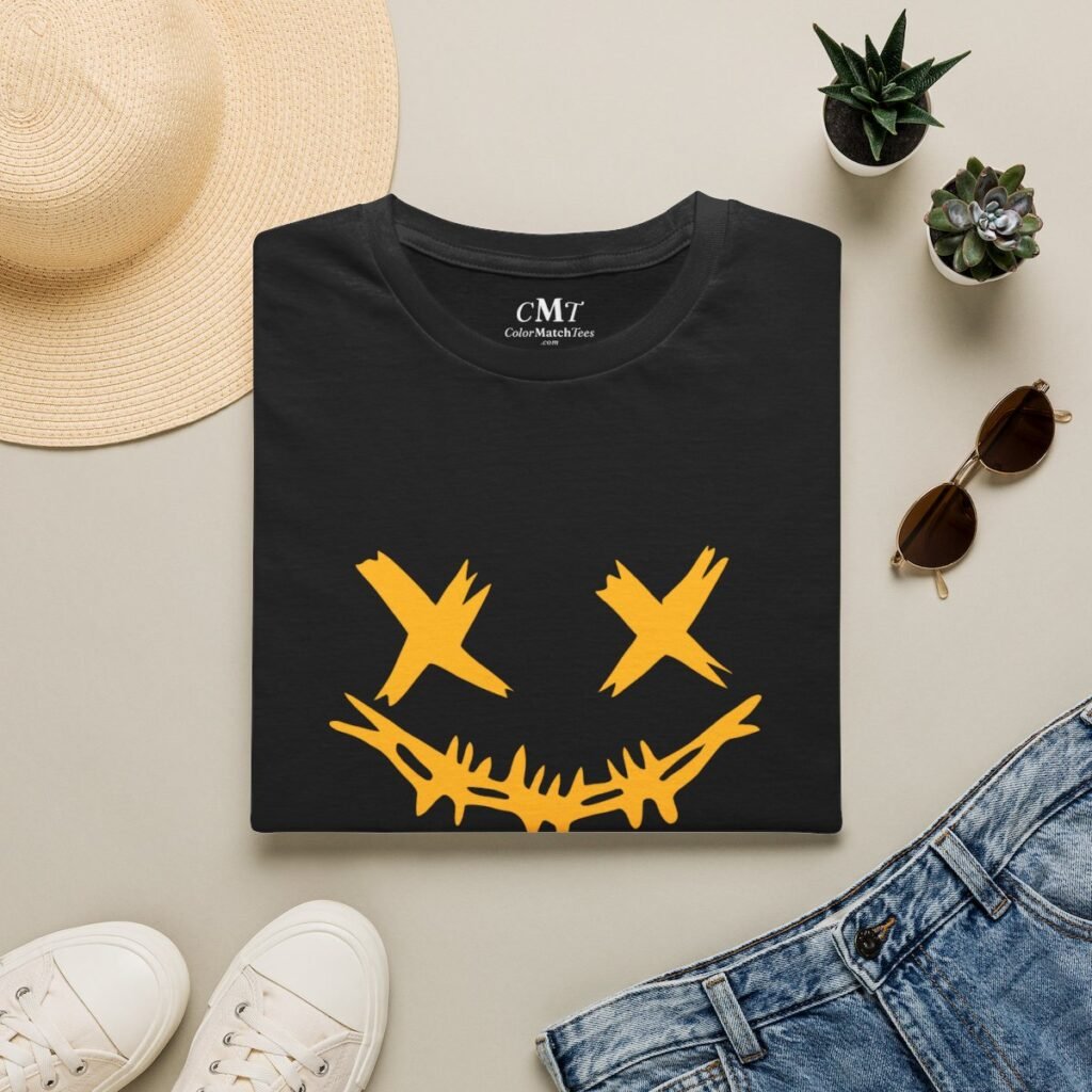 Grunge Face Stitch Smile T-Shirt (Varsity Gold) (folded-2)