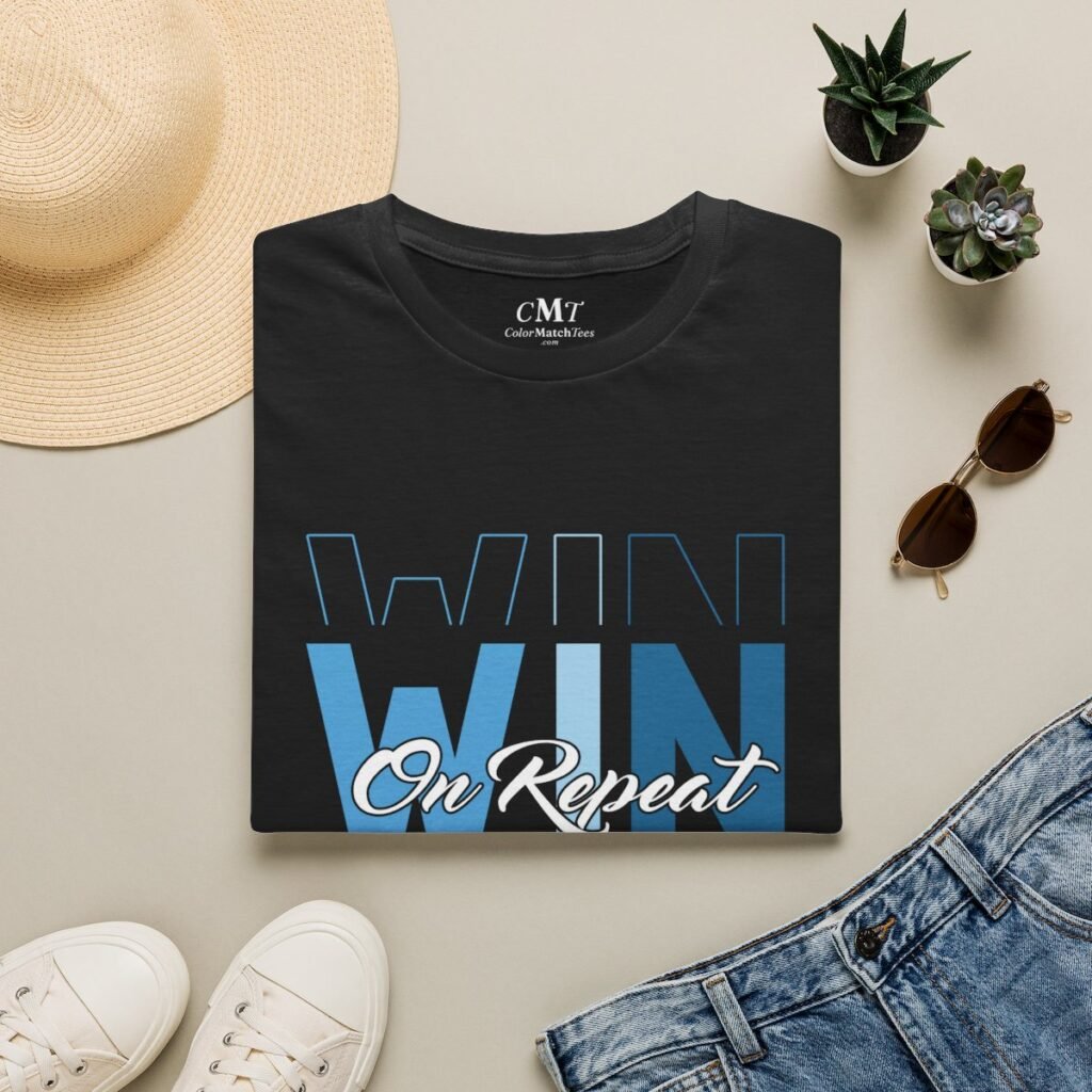 Win on Repeat v2 T-Shirt (Blue) (folded-2)